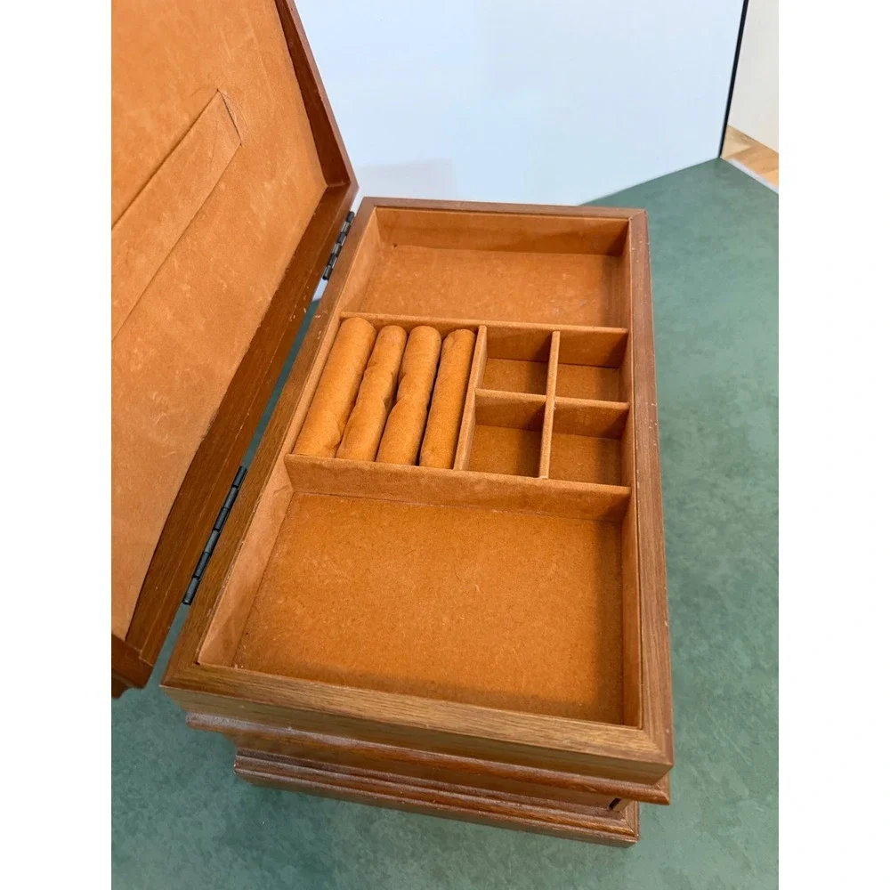 Vintage Wooden Jewelry Box Mid Century Modern Oak Finish Orange Velvet Lining